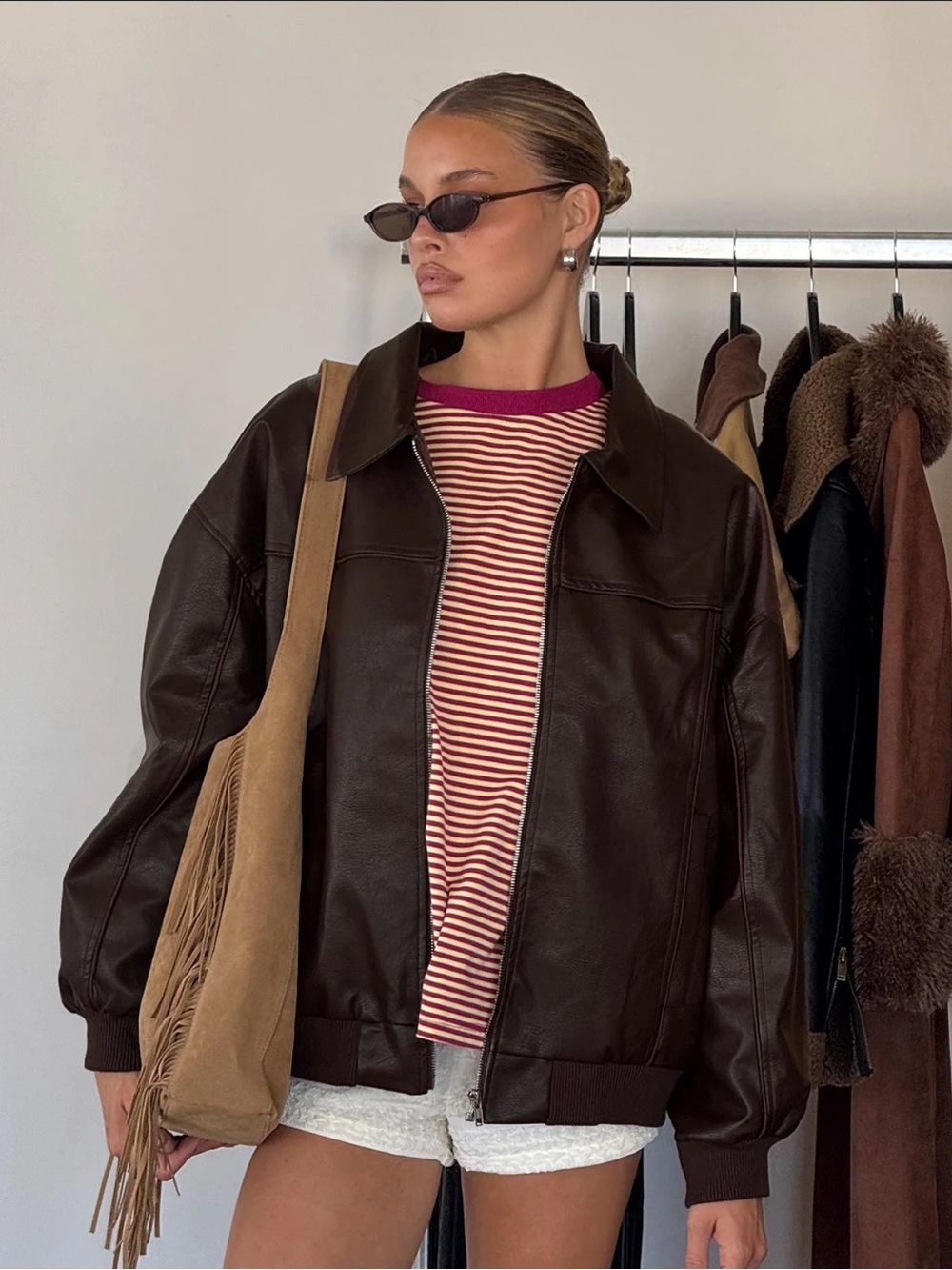 Princess Polly Chocolate Brown Faux Leather Bomber Jacket